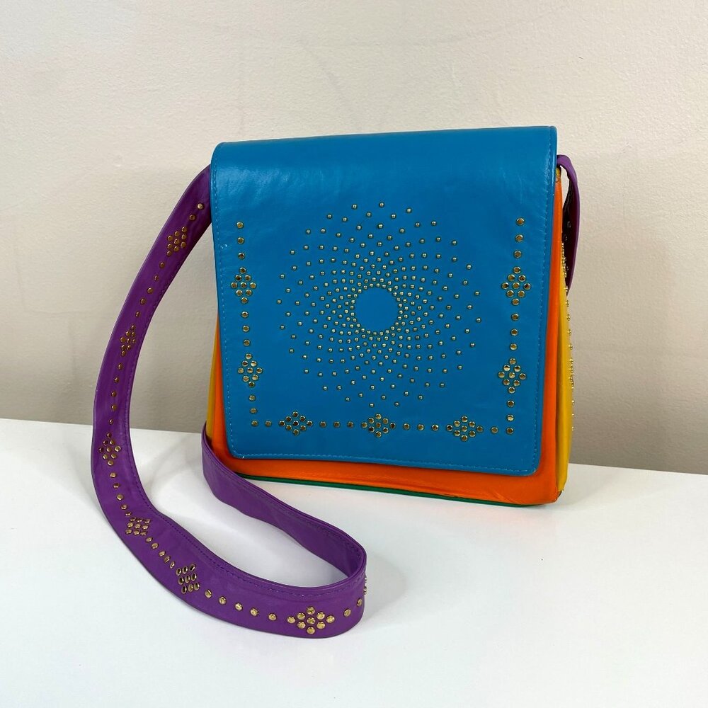 Vintage 80s Bags By Pinky Colorblock Leather Handbag Studded Bold Crossbody USA